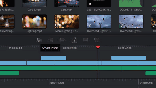 DaVinci Resolve timeline showing video and audio tracks with Smart Insert tool highlighted for editing.