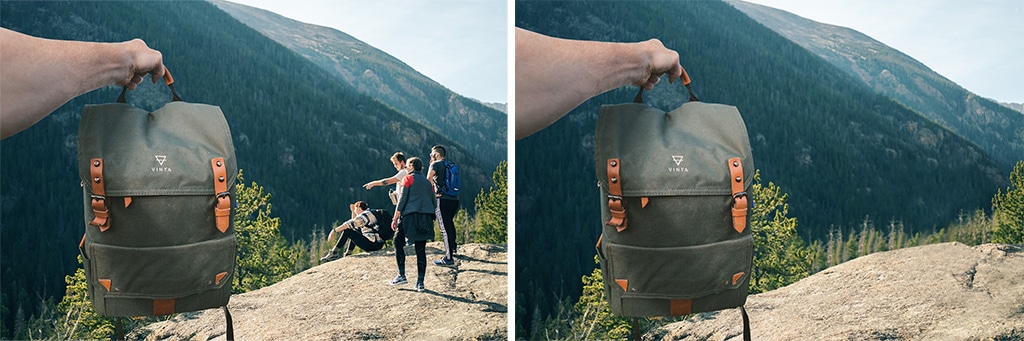 Side-by-side comparison of backpack with and without hand in a scenic mountain background, showcasing editing.