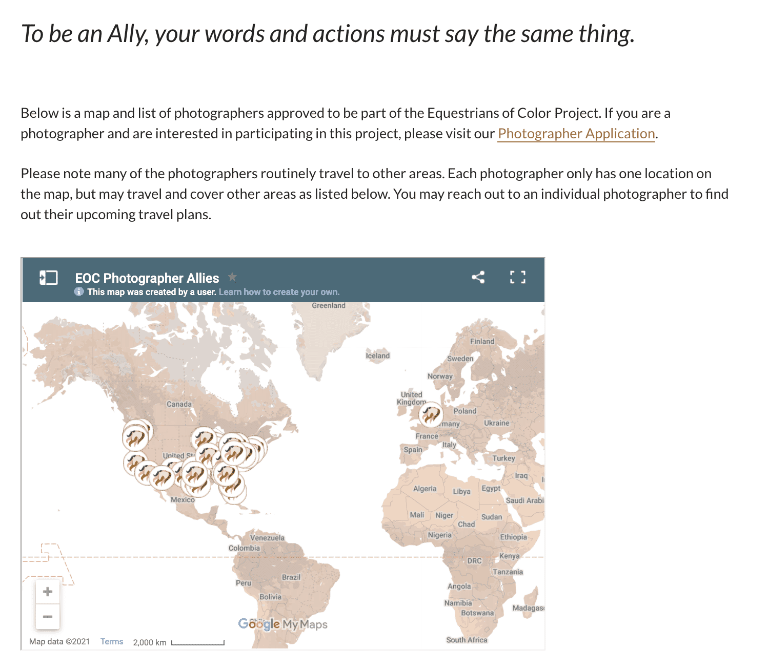 Map displaying approved photographer allies for the Equestrians of Color Project, with locations across the U.S. and Europe.