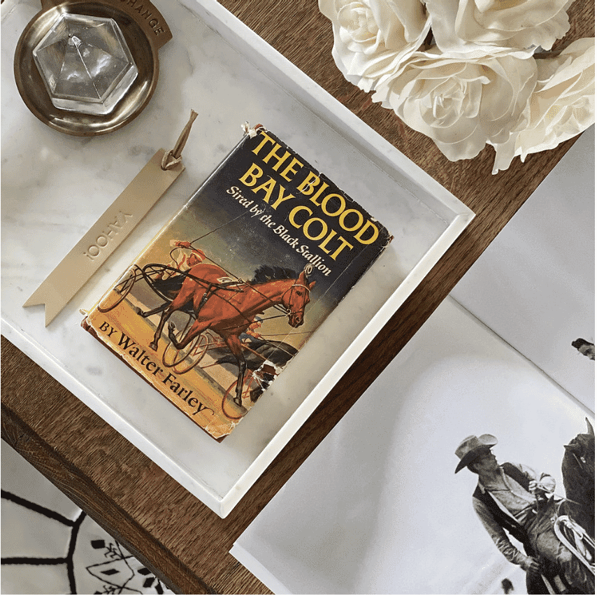 Vintage copy of "The Blood Bay Colt" on a marble tray with flowers and a candle, creating a cozy equestrian-themed display.