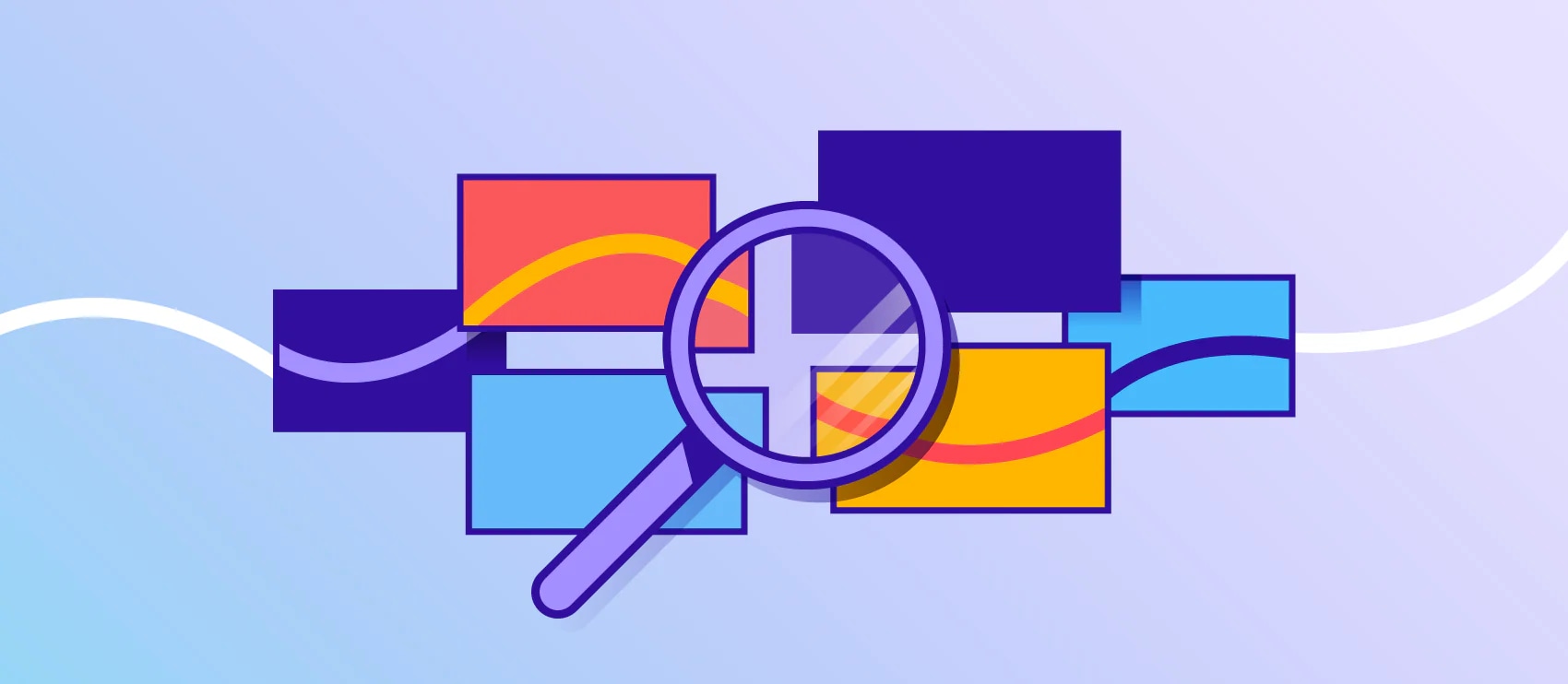Article illustration on where to find professional image editors, featuring a magnifying glass over colorful boxes.