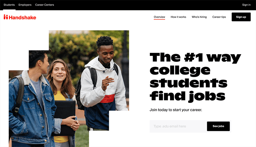 Handshake website homepage promoting job opportunities for college students with diverse student group image.