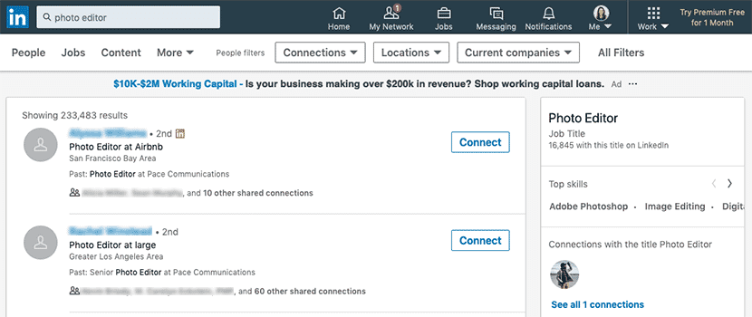 LinkedIn search results displaying connections with photo editor roles at companies like Airbnb.